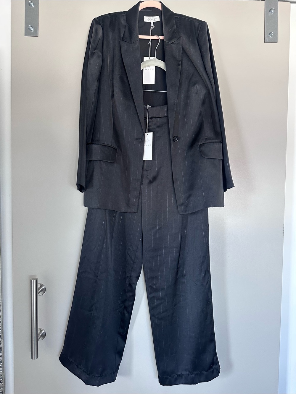 Wayf Black Pinstripe Suit Blazer and Wide-Leg Pants